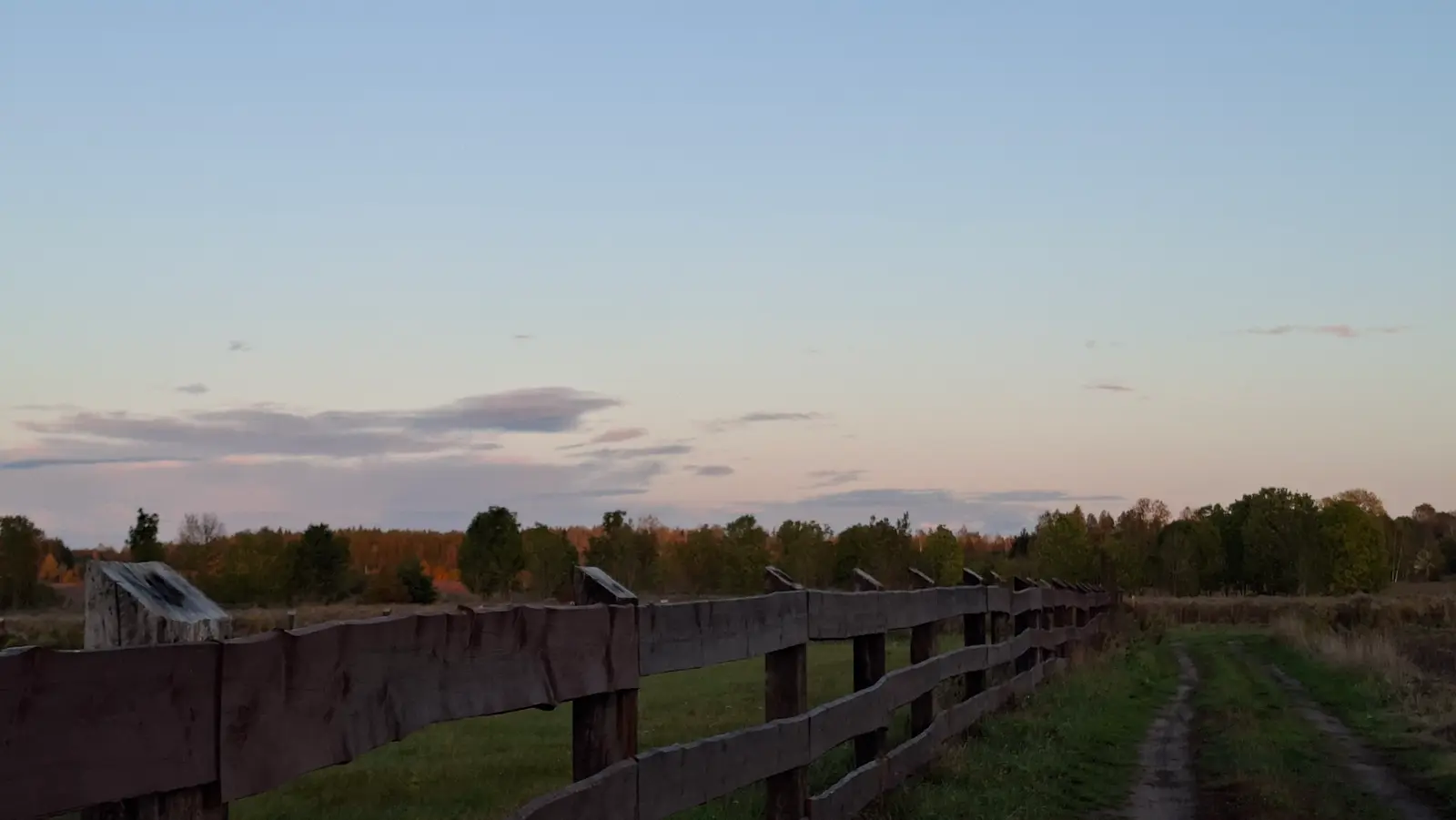 Zdjęcie przedstawia sielski krajobraz wiejski w formacie poziomym, w którym dominującym elementem jest długi, drewniany płot biegnący wzdłuż nieutwardzonej polnej drogi. Kompozycja zdjęcia opiera się na perspektywie zbieżnej, gdzie ogrodzenie prowadzi wzrok widza w głąb kadru w stronę linii drzew znajdujących się na horyzoncie. Niebo zajmuje znaczną część górnej partii obrazu, prezentując delikatne pastelowe odcienie różu, błękitu i szarości typowe dla wczesnego wieczoru. Po prawej stronie widać wydeptaną ścieżkę, która kontrastuje z soczystą zielenią trawy po lewej stronie płotu. Całość utrzymana jest w spokojnej, naturalnej kolorystyce, podkreślającej atmosferę jesiennego zmierzchu na wsi.