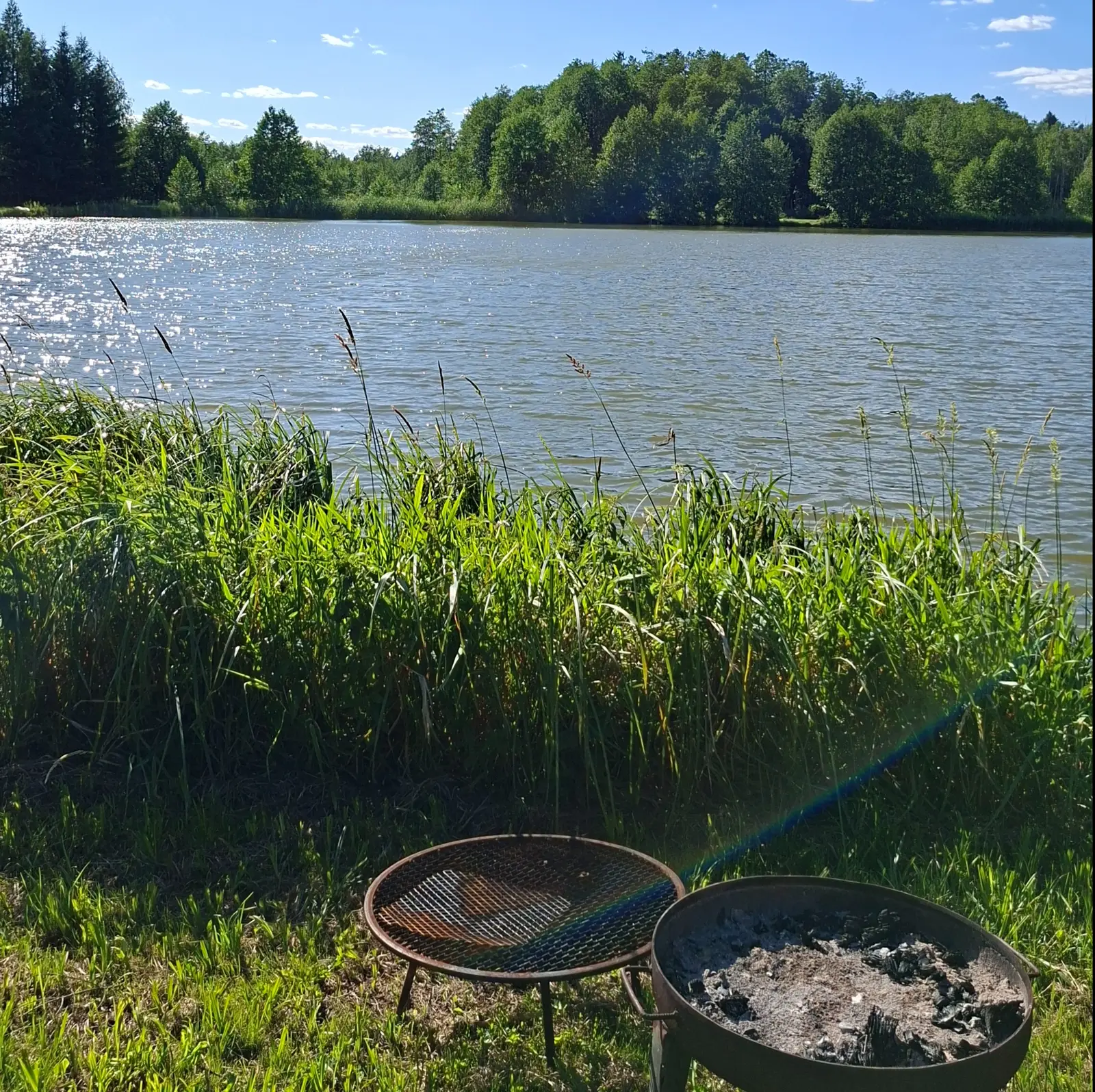 Zdjęcie o formacie pionowym ukazuje spokojny, letni krajobraz nad jeziorem w słoneczny dzień. Na pierwszym planie, na trawiastym brzegu, znajdują się dwa okrągłe paleniska ogrodowe, z których jedno wypełnione jest pozostałościami popiołu. Gęste, zielone trawy i trzciny porastają brzeg, tworząc naturalną ramę dla widoku na taflę wody. W tle widać przeciwległy brzeg jeziora porośnięty gęstym, iglasto-liściastym lasem pod jasnym niebem z delikatnymi obłokami. Światło słoneczne efektownie odbija się od powierzchni wody, tworząc jasne refleksy, a przez kadr przebiega delikatny efekt rozszczepienia światła w formie tęczowej smugi.